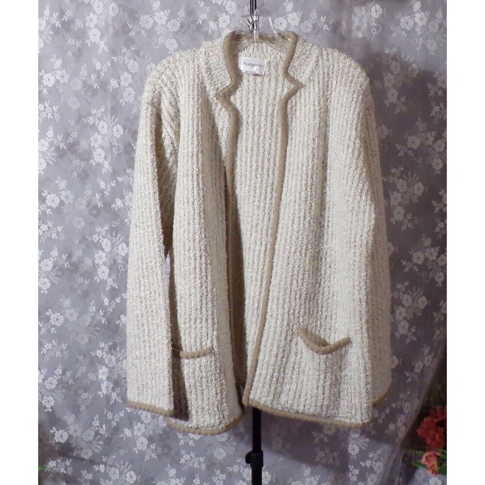 Vintage 80s Cardigan 1980s Cream Acrylic Clutch Pockets Cozy Academia Size Large
